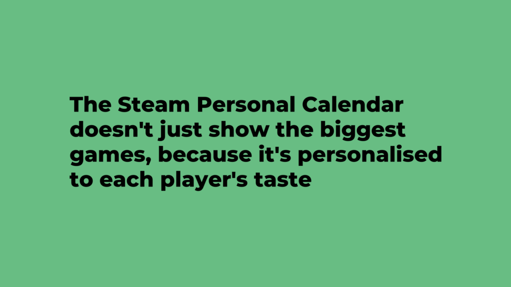 A title graphic reading: The Steam Personal Calendar doesn't just show the biggest games, because it's personalized to each player's taste